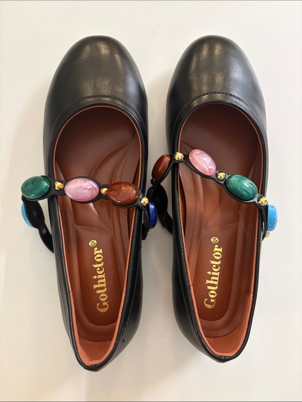 Gothiclor Black Faux Leather Mary Jane Flats with Multicolor Gem Accents